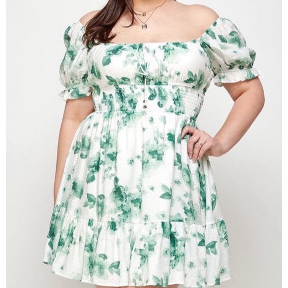 Blush‎ B Floral Mini Dress 1XL Green White Smocked Spring Wedding Guest Dress